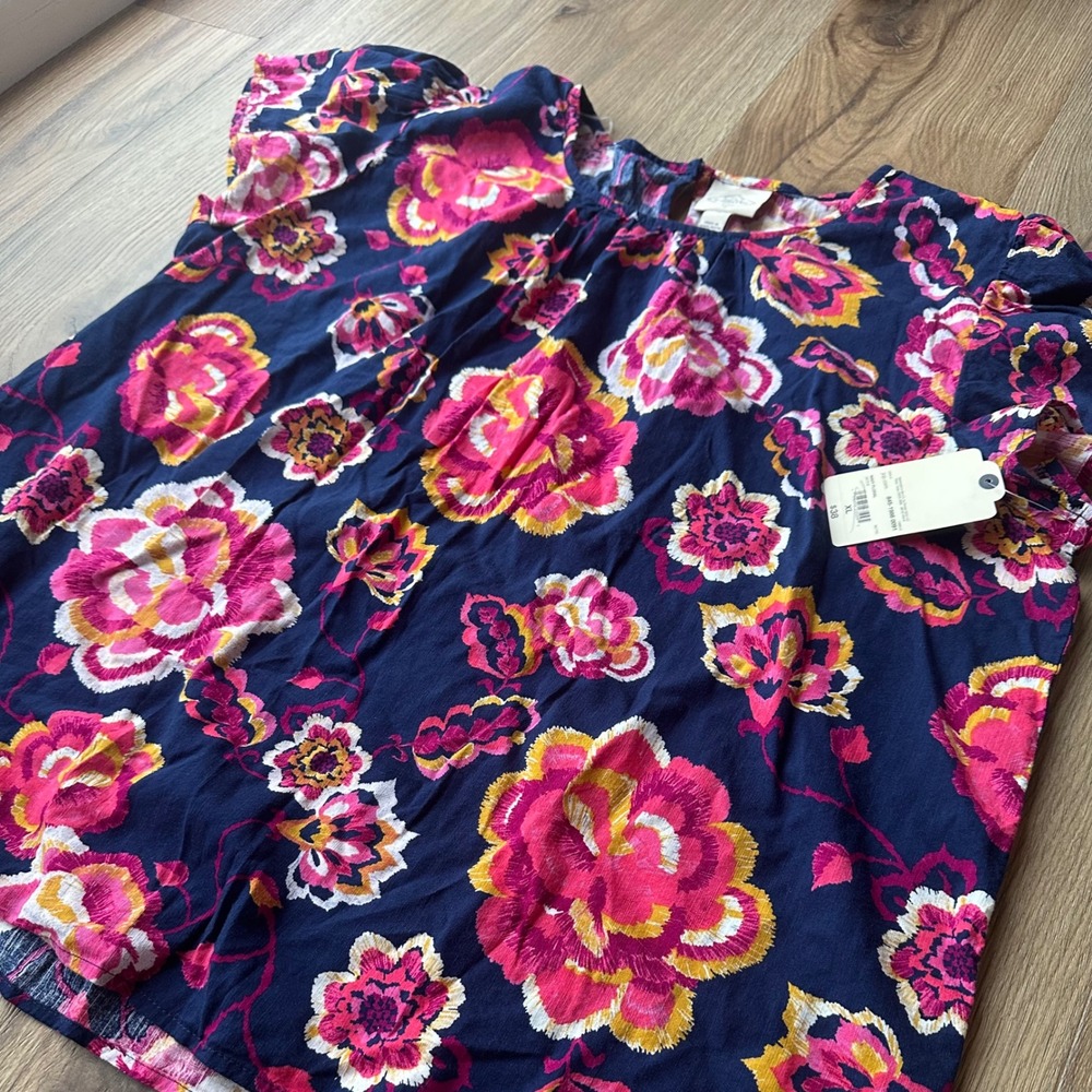 St Johns Bay Womens XL Navy Pink Floral Flutter Sleeve Blouse Cotton Rayon NWT